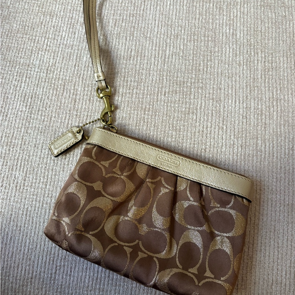 Coach Signature Brown and Gold Wristlet